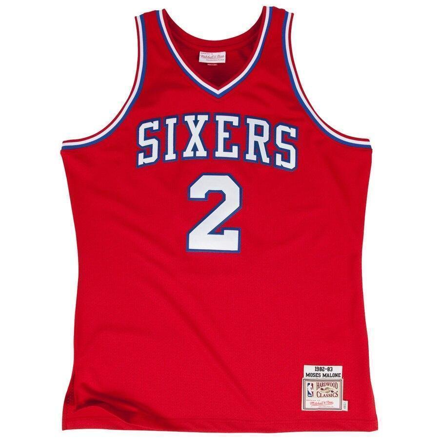 Men's Mitchell & Ness Moses Malone Red Philadelphia 7ers  # Authentic Jersey  Red