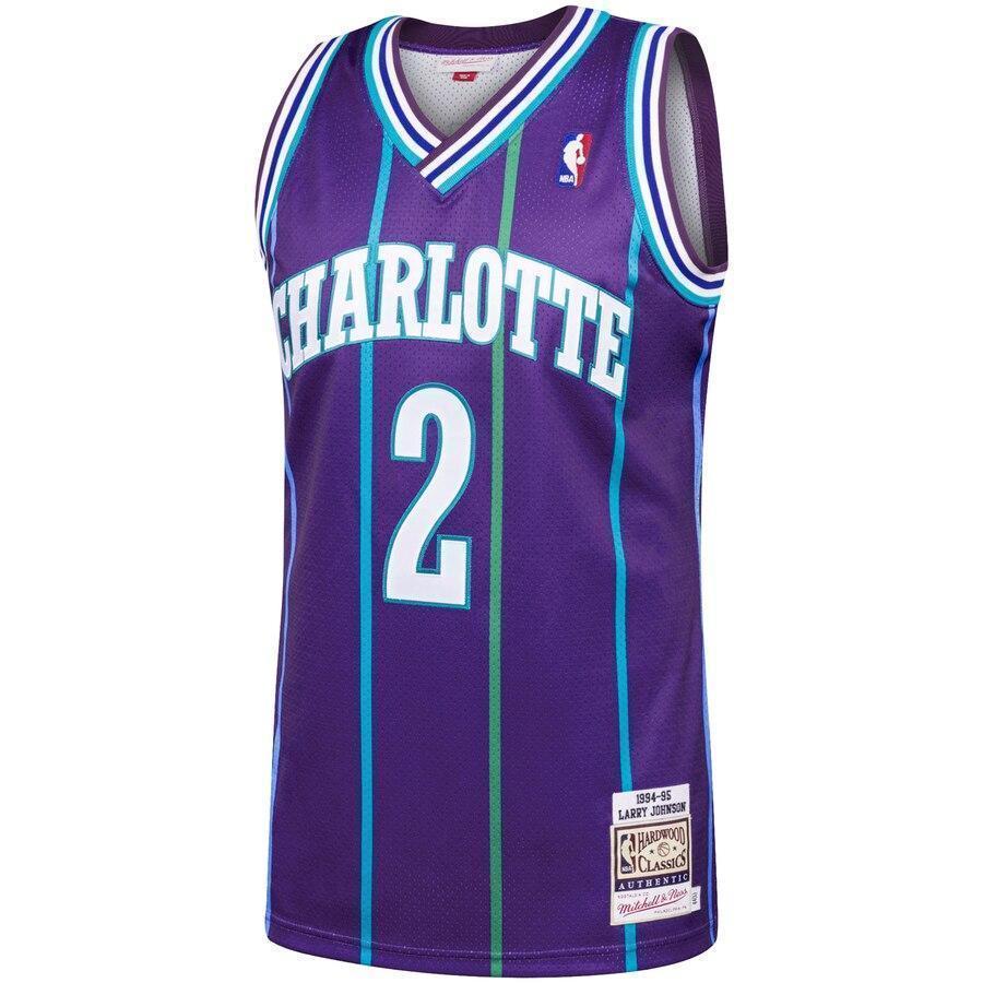 Men's Mitchell & Ness Larry Johnson Purple Charlotte Hornets  Hardwood Classics Authentic Jersey  Purple
